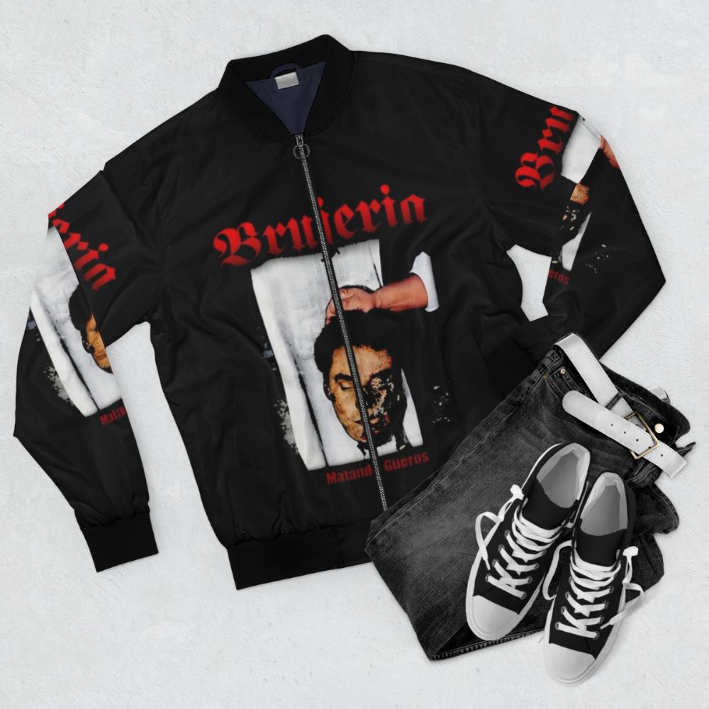 Brujeria heavy metal band logo printed on a black bomber jacket - Flat lay