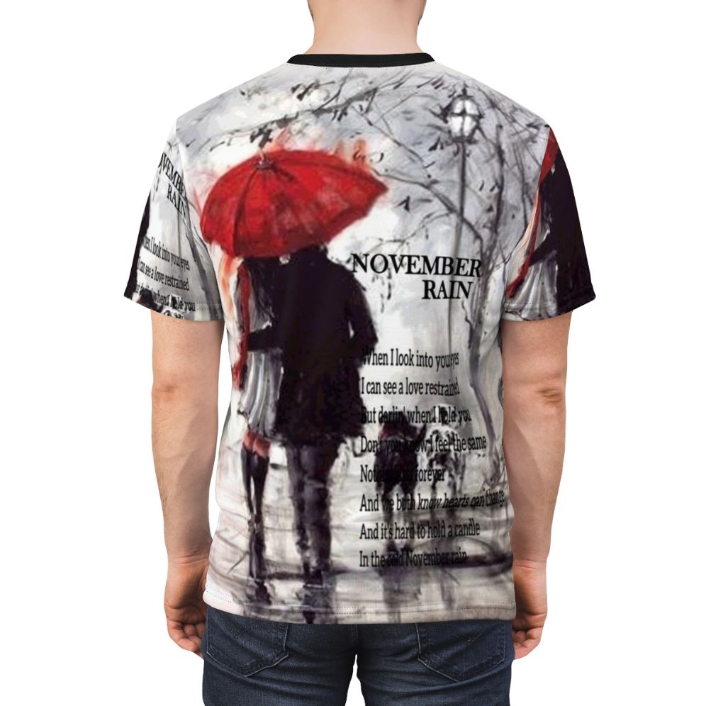 Autumn rain design t-shirt with city landscape and love umbrellas - men back