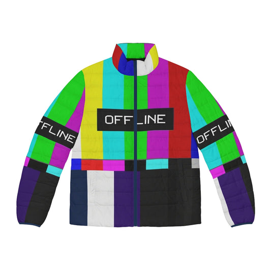 Retro analog puffer jacket with bold color block and striped design