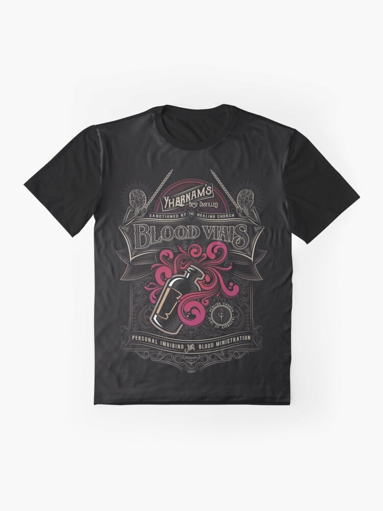 Bloodborne-inspired graphic t-shirt featuring Yharnam's blood vials - Flat lay