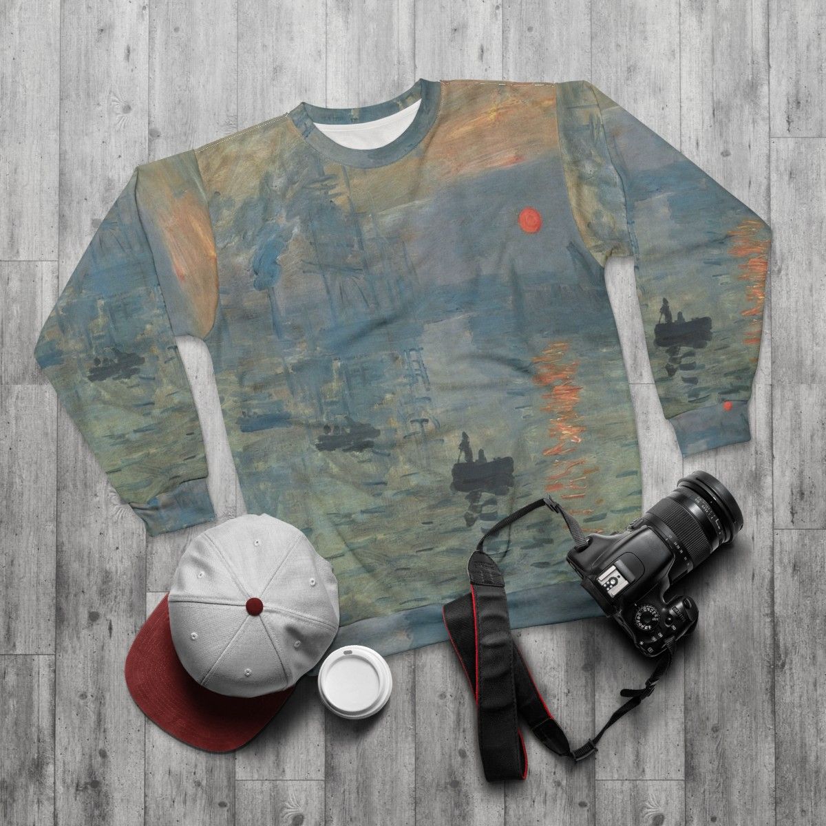 Monet Impression Sunrise Fine Art Sweatshirt - flat lay