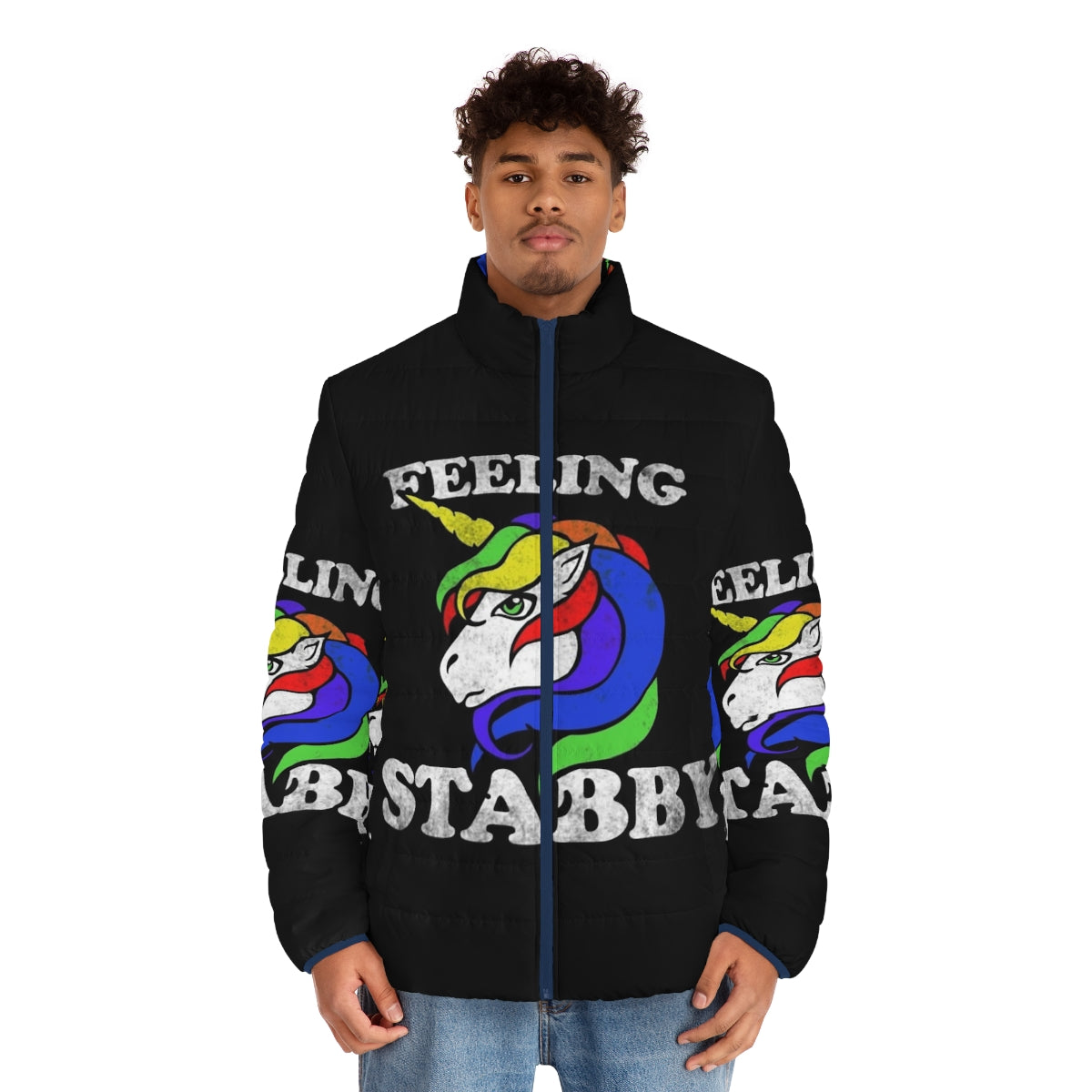 Colorful and whimsical "Feeling Stabby" unicorn puffer jacket - men front