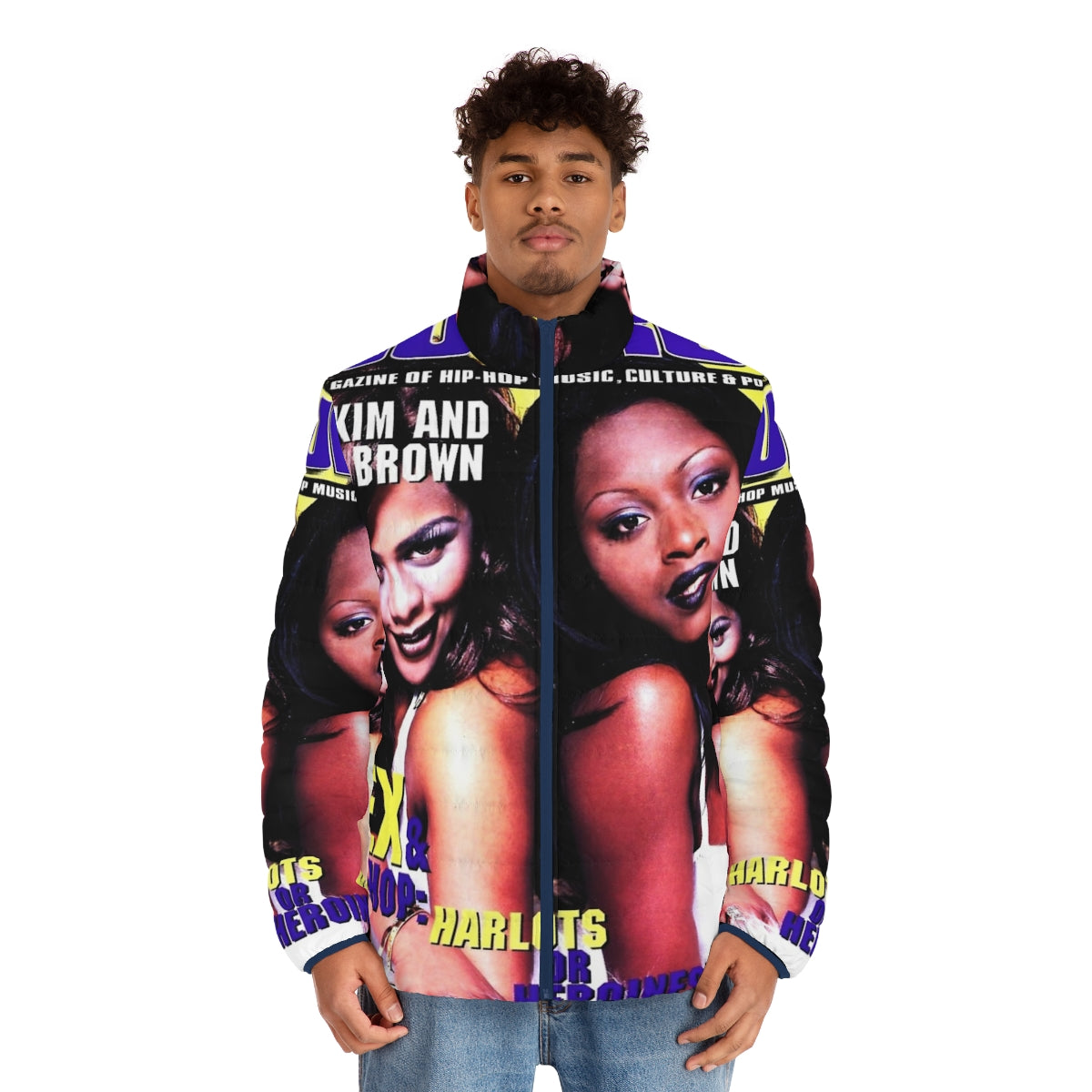 90s puffer jacket featuring black and white illustrations of hip hop and rap music artists - men front