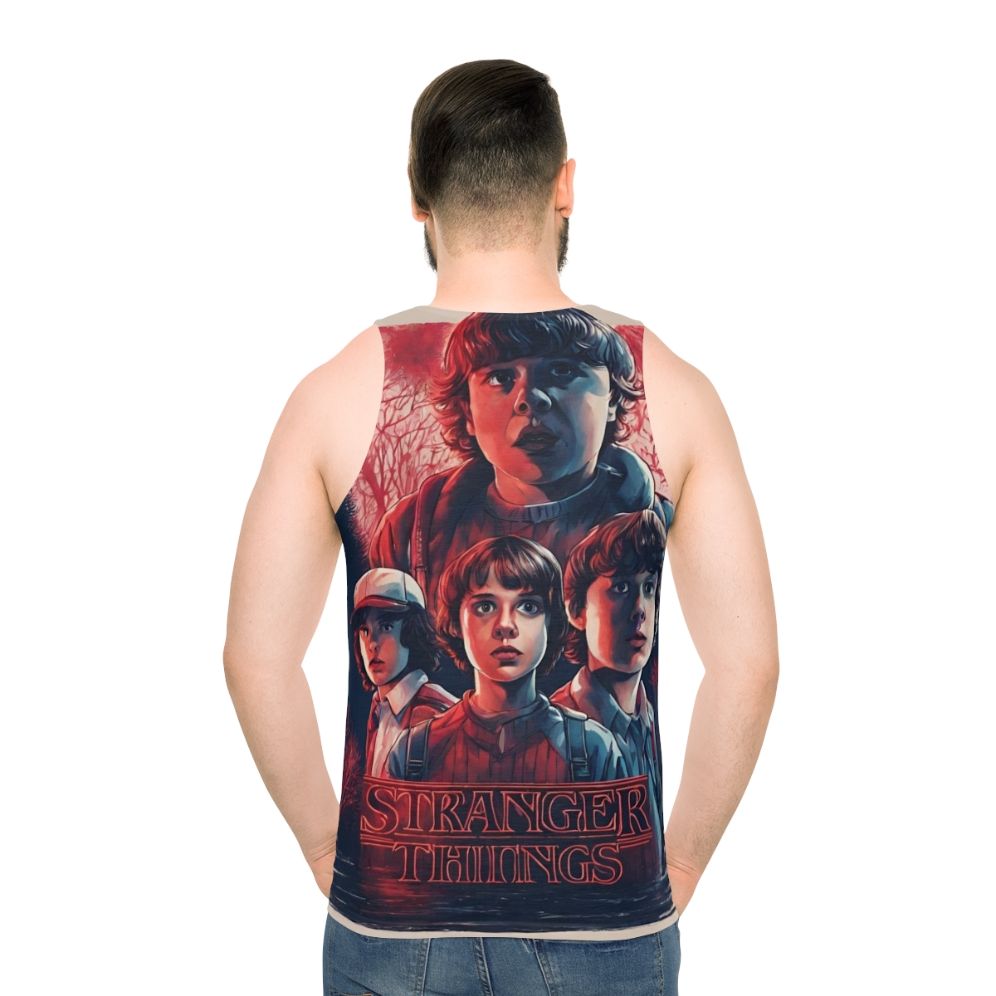 Stranger Things inspired unisex tank top featuring characters and elements from the show - men back