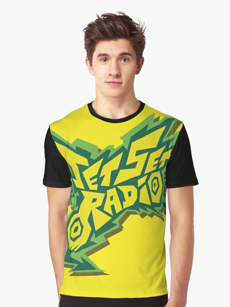 Retro Jet Set Radio logo graphic t-shirt design featuring graffiti-style artwork and vibrant colors - Men