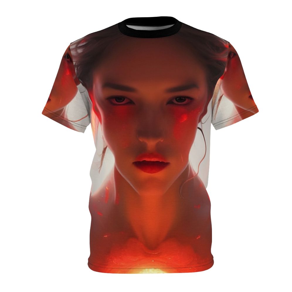 An all-over print t-shirt featuring the Greek goddess Bia, the goddess of force and energy.