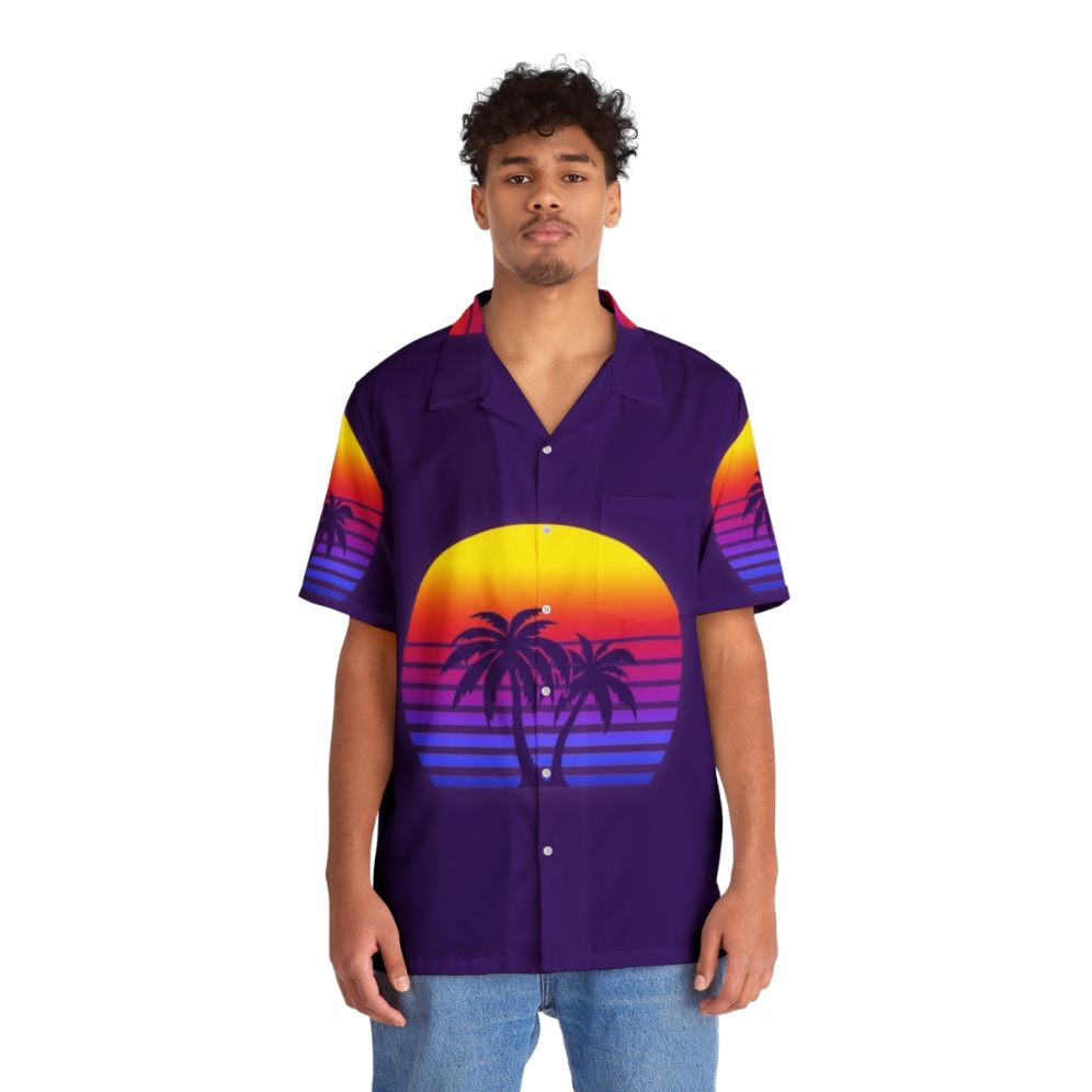 Synthwave Hawaiian Shirt with Retro Palm Trees and Neon Sunset - People Front