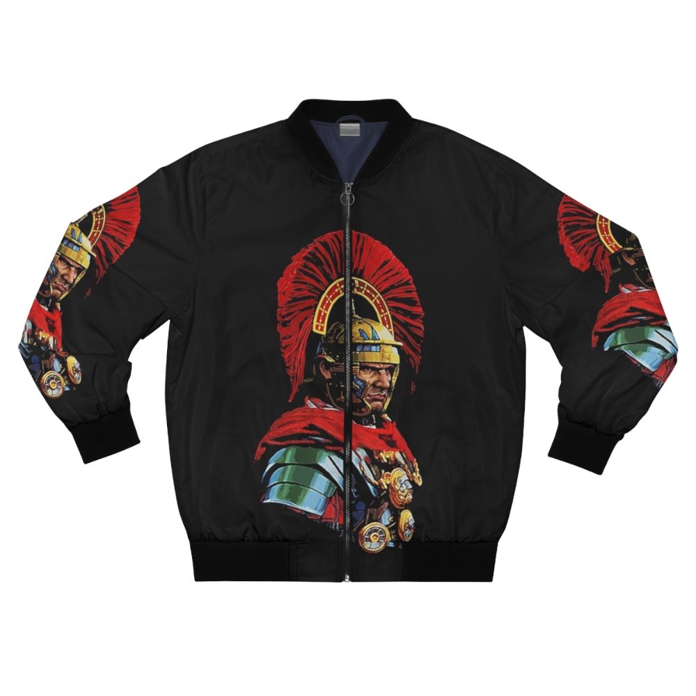 Model wearing a bomber jacket featuring a portrait of a Roman centurion