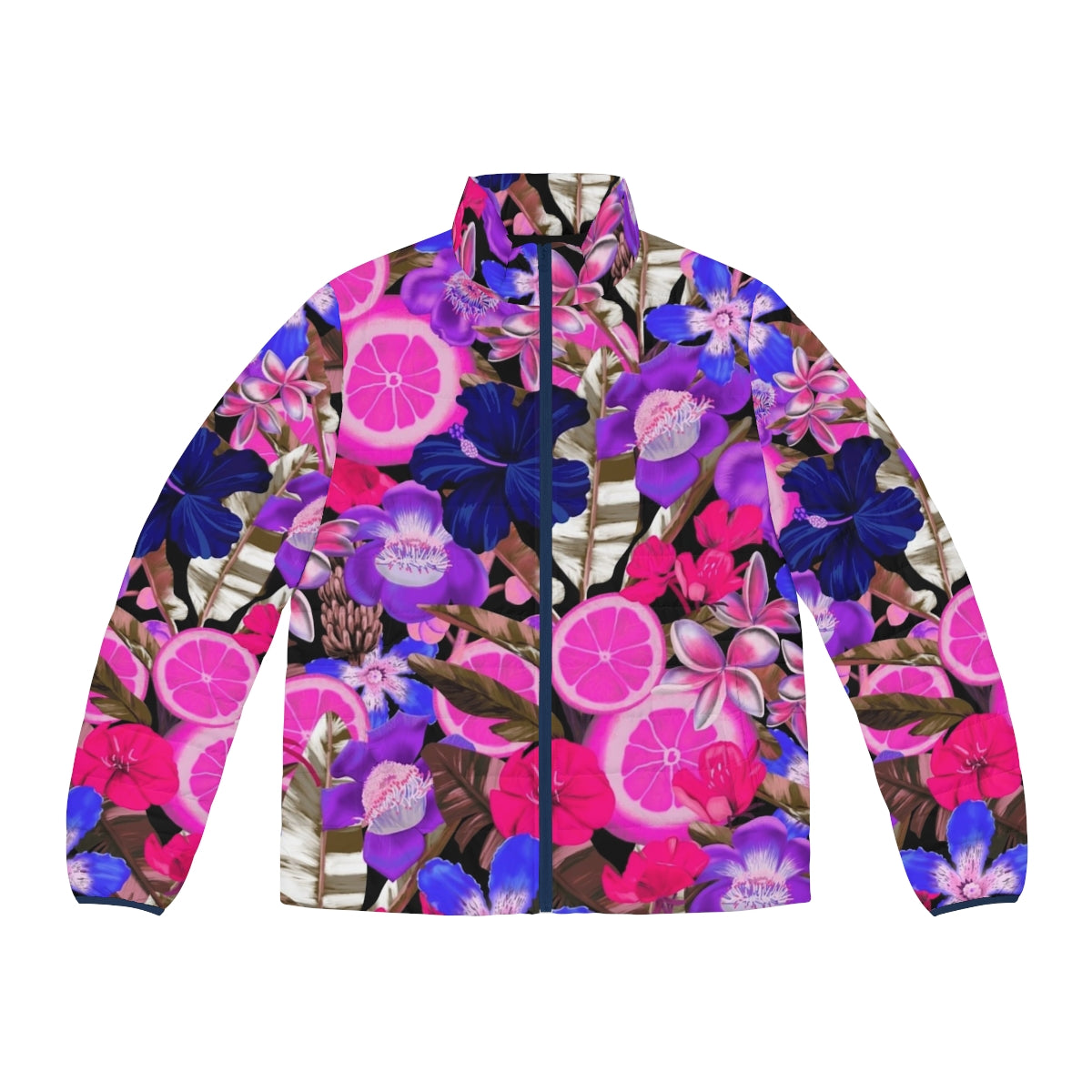 Floral puffer jacket with flowers blooming