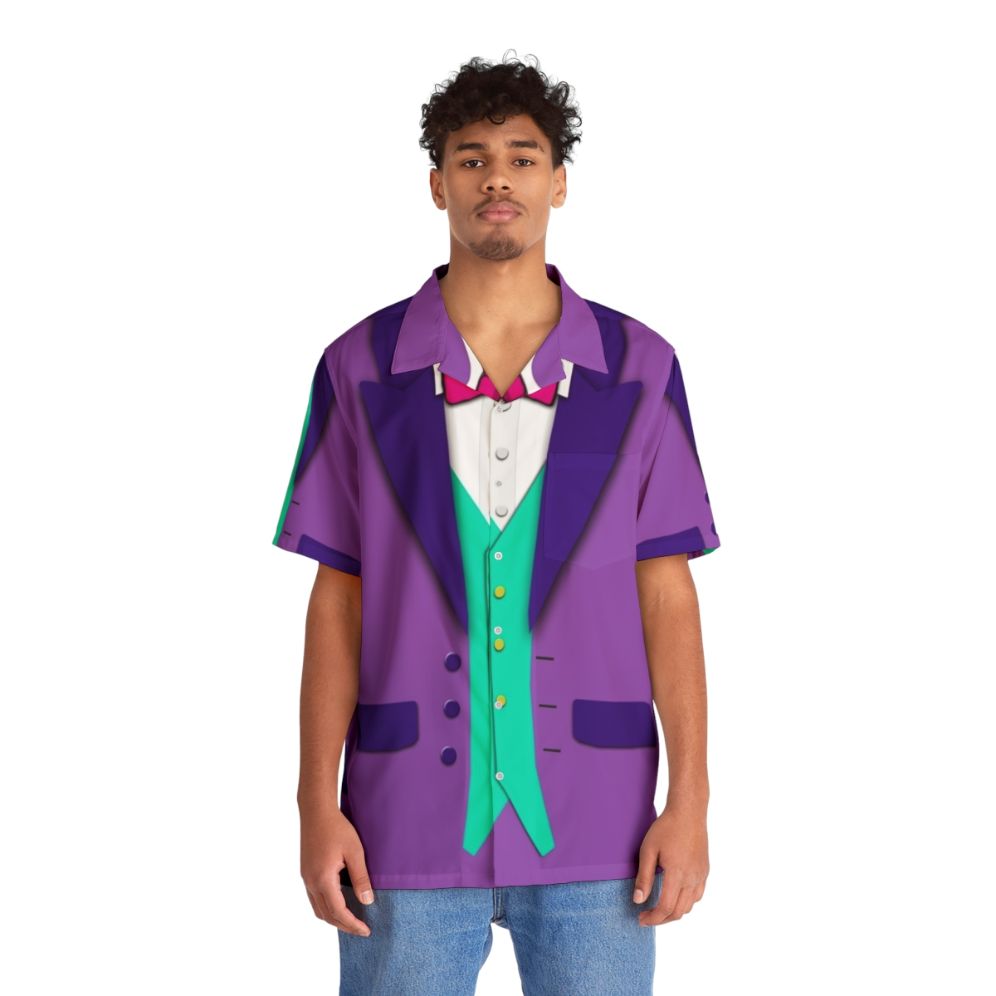 Formal purple Hawaiian shirt with tuxedo bowtie and vest - People Front