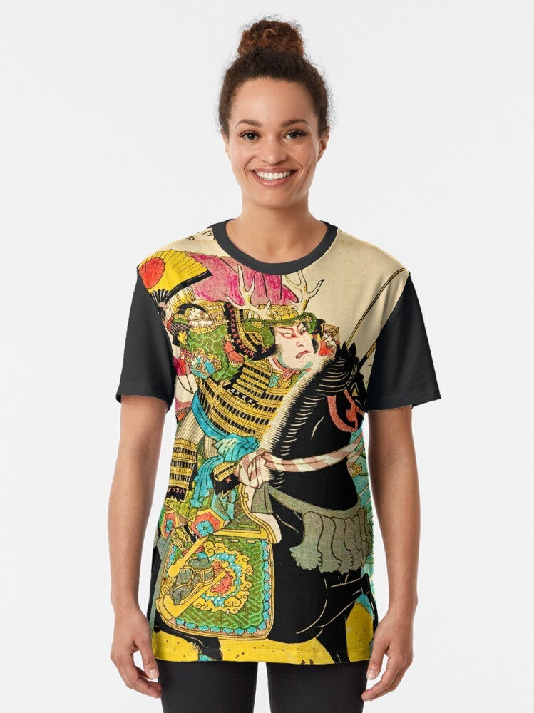 A graphic t-shirt design featuring a samurai warrior riding a horse in the traditional Japanese ukiyo-e style. - Women