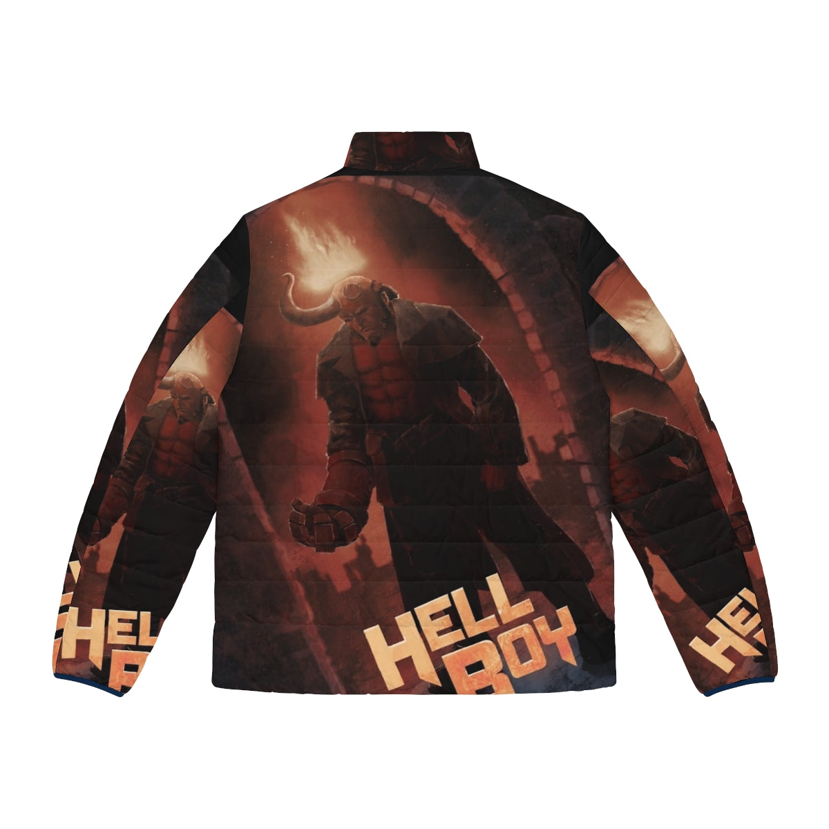 Hellboy fan poster puffer jacket with demon arch design - Back