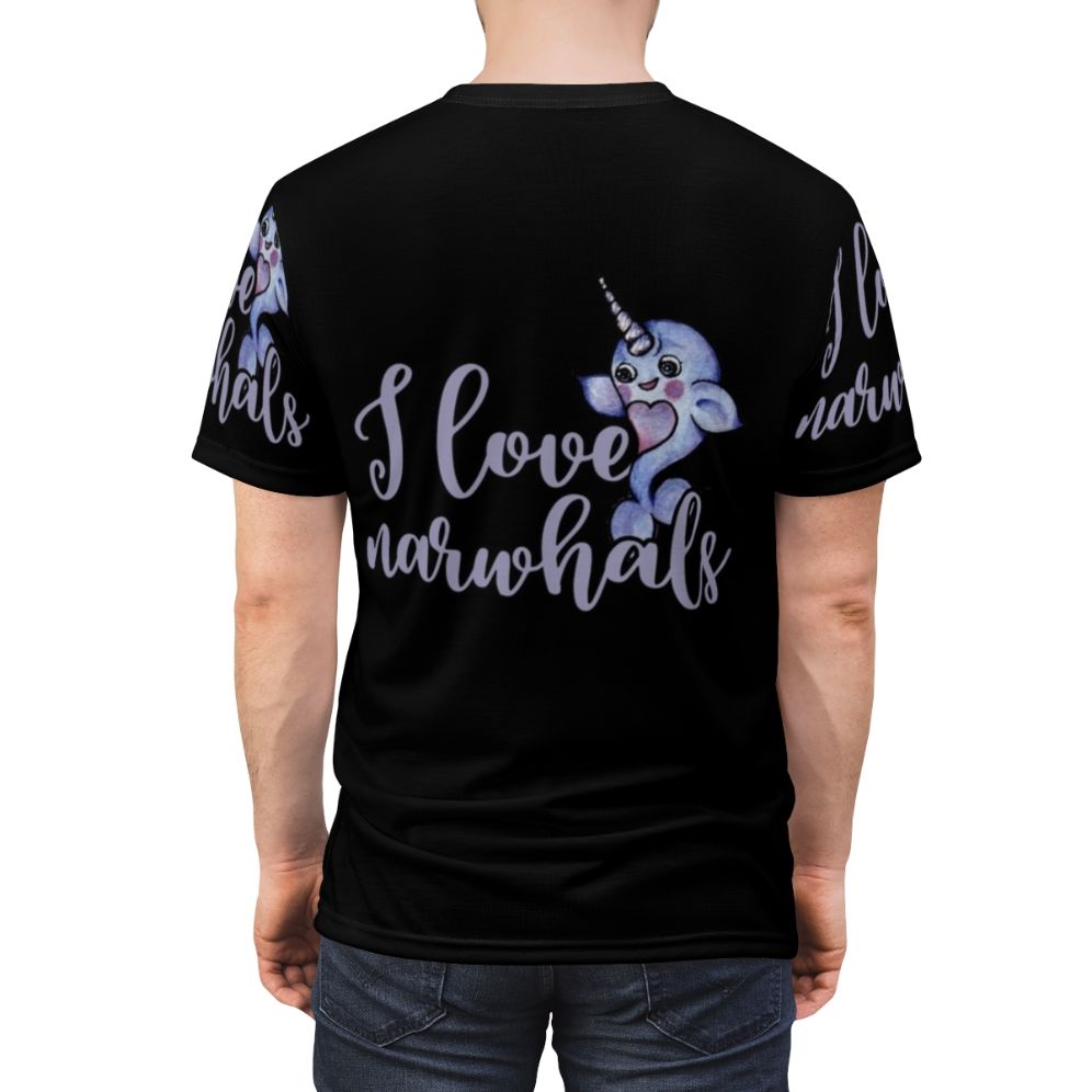 A vibrant t-shirt featuring a whimsical narwhal design in shades of purple and pink. - men back