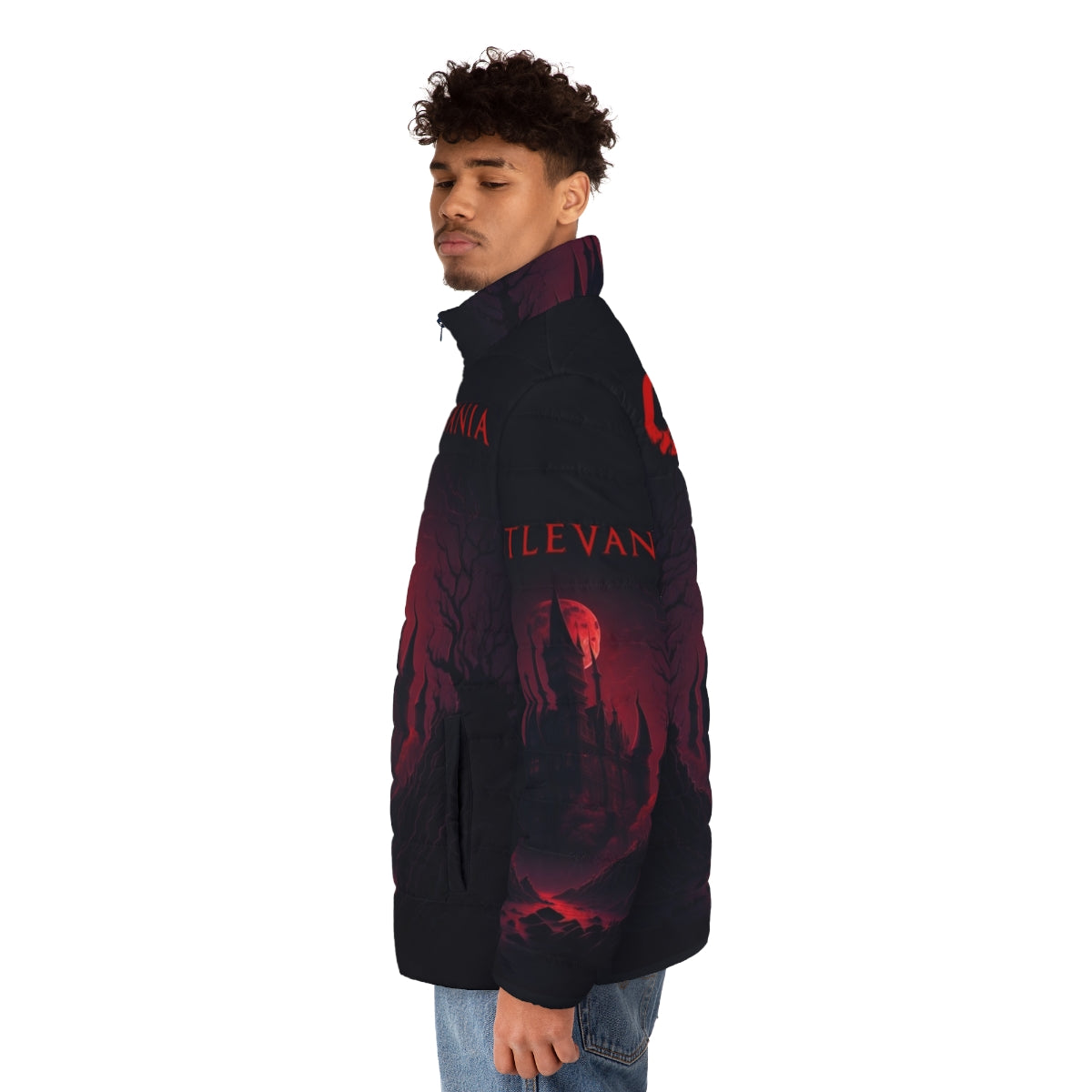 Castlevania: A Dark Place Puffer Jacket, featuring characters from the Netflix anime series - men side left