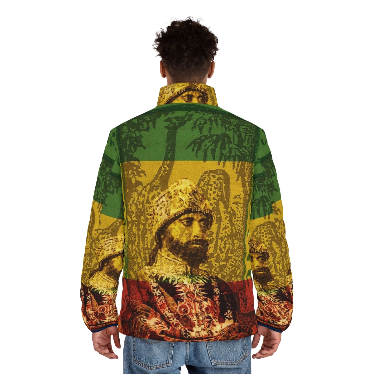 Haile Selassie Rasta Puffer Jacket featuring the Lion of Judah symbol - men back