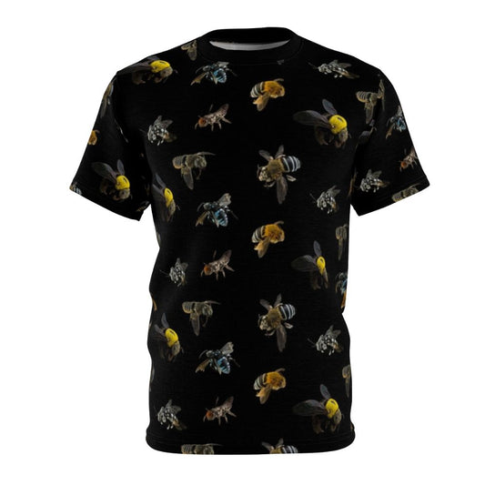 Vibrant t-shirt featuring a detailed pattern of native Australian bees, insects, and botanical elements.