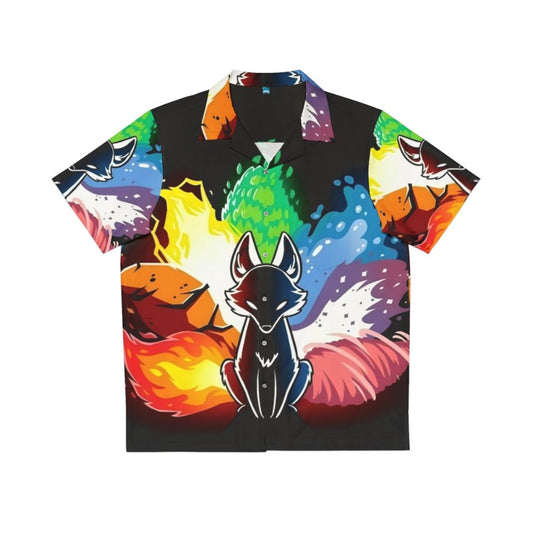 Colorful rainbow kitsune Hawaiian shirt featuring a mythical fox creature