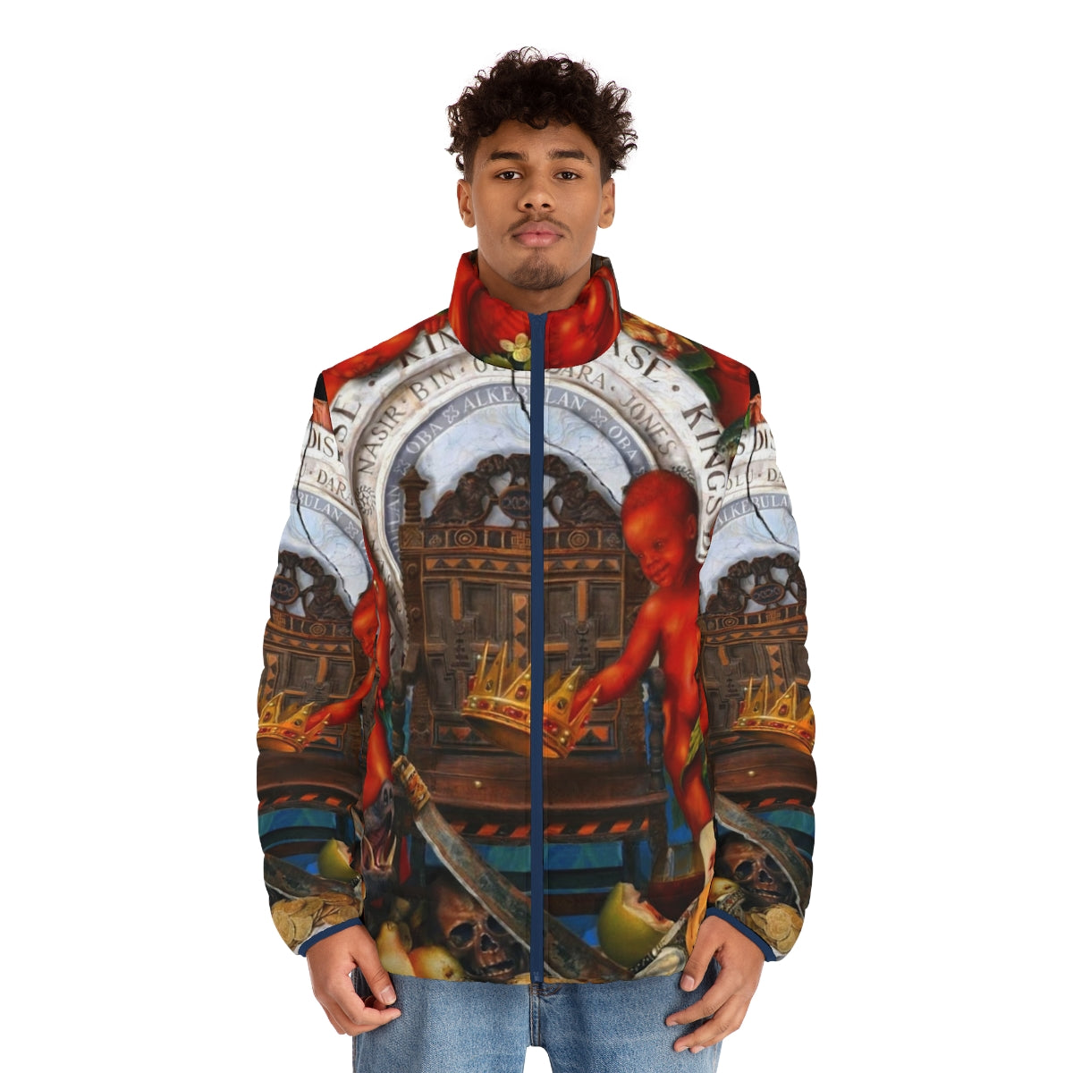 Kings Disease Nas Puffer Jacket featuring the iconic Nas logo and album artwork - men front