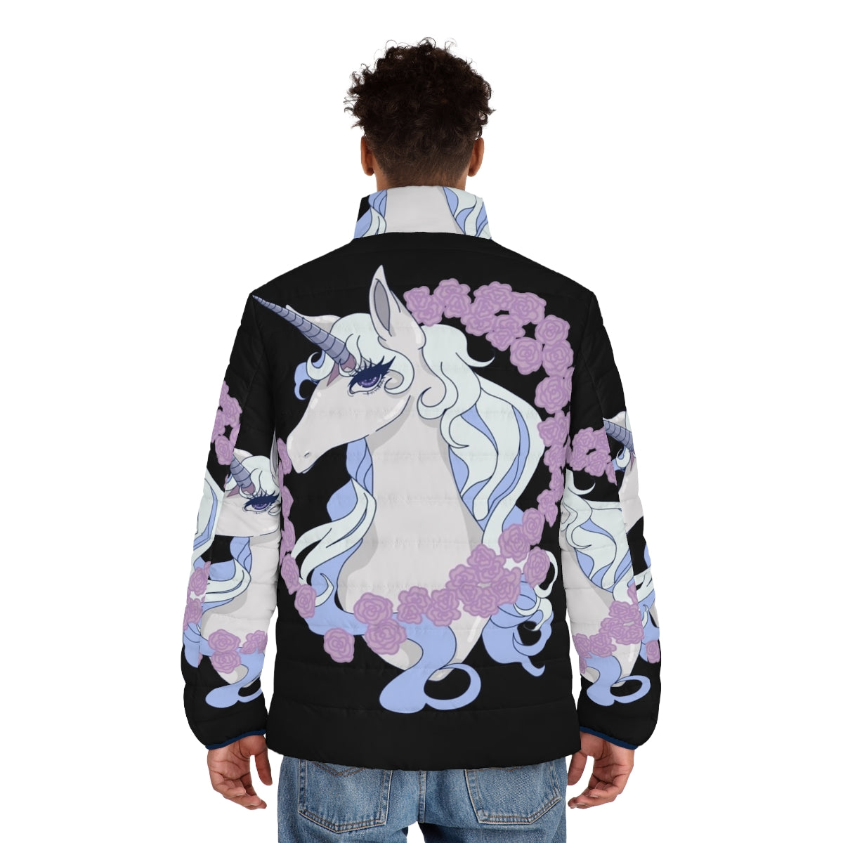 The Last Unicorn Lady Amalthea Puffer Jacket featuring the iconic fantasy movie character - men back