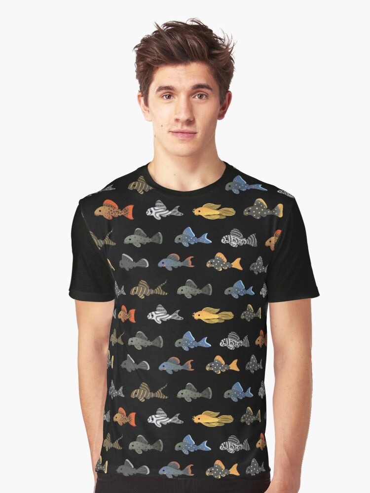 Plecostomus graphic t-shirt with a black background and white text - Men