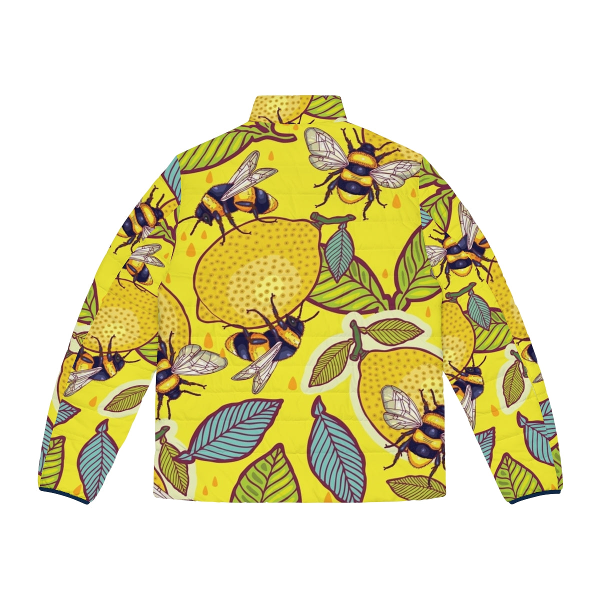 Yellow puffer jacket with bees and flowers in a garden - Back