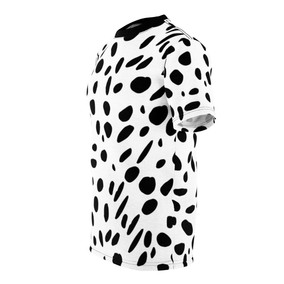 Stylish Dalmatian Print T-Shirt featuring a modern, abstract animal print pattern in black and white. - men left