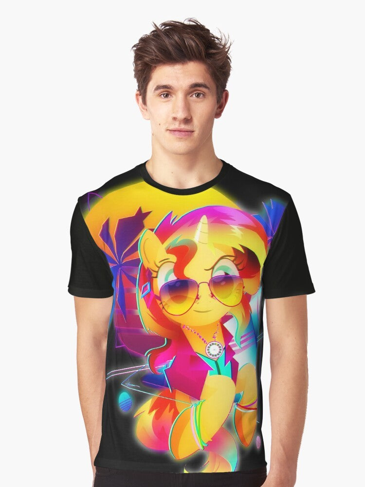 Retro synthwave-style graphic t-shirt featuring Sunset Shimmer from My Little Pony: Friendship is Magic - Men