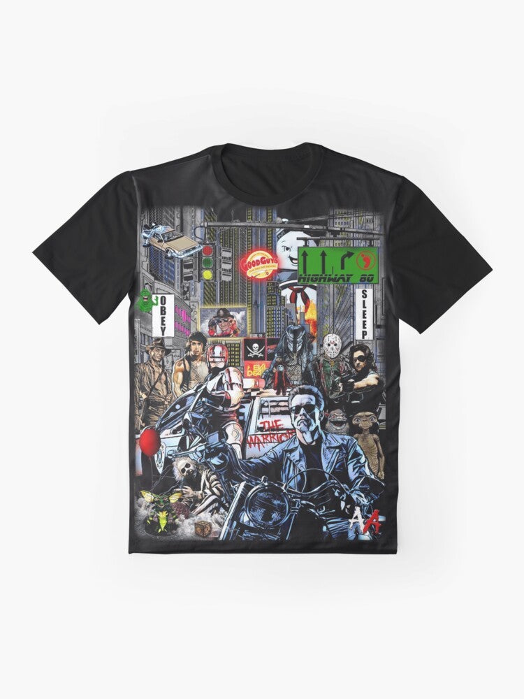 Retro 80s graphic t-shirt featuring a classic 1980s movie design - Flat lay