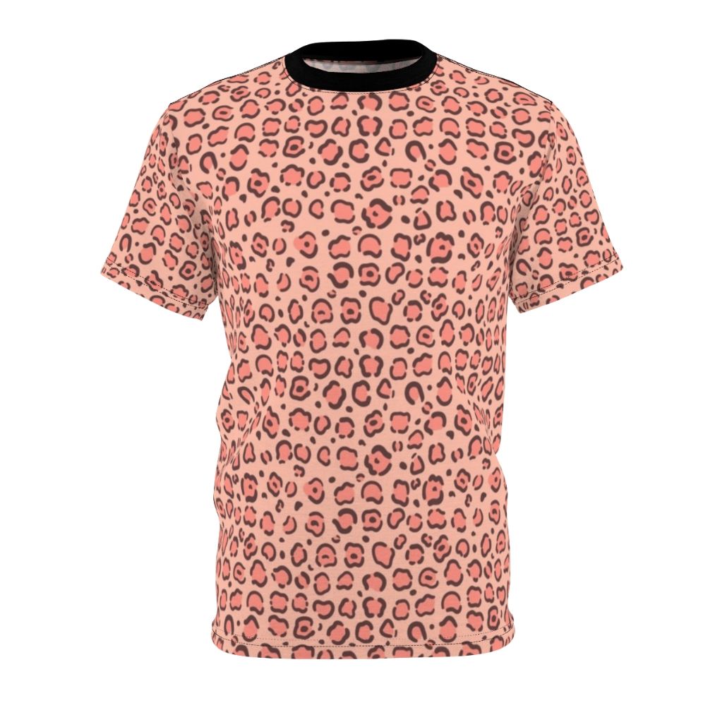 Closeup of a leopard skin print t-shirt design with a pink and black pattern.