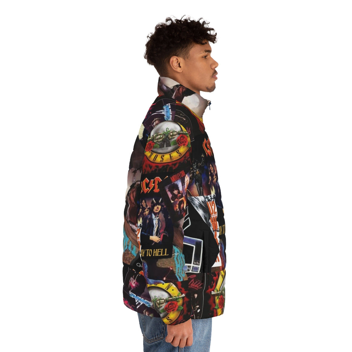 Colorful collage puffer jacket featuring 1980s rock band logos and album covers - men side right