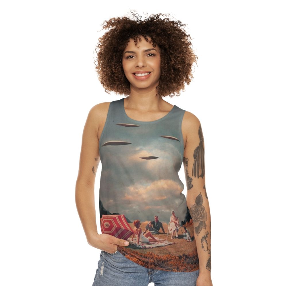 Unisex retro sci-fi tank top with surreal landscape design - women