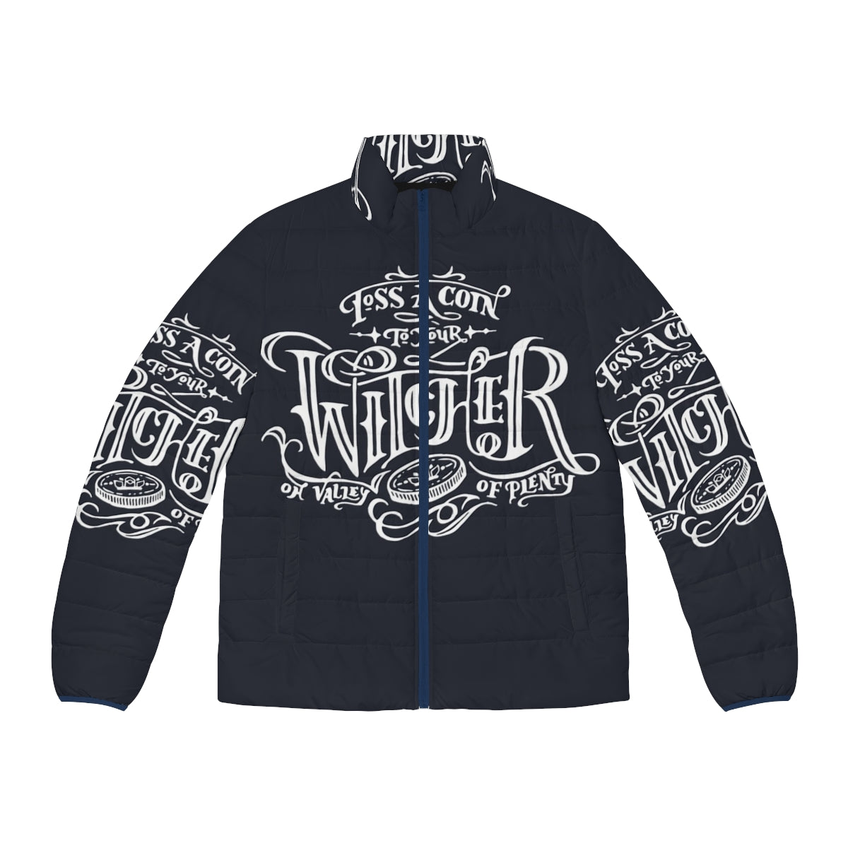 White puffer jacket with "Toss a Coin to Your Witcher" text and Witcher logo