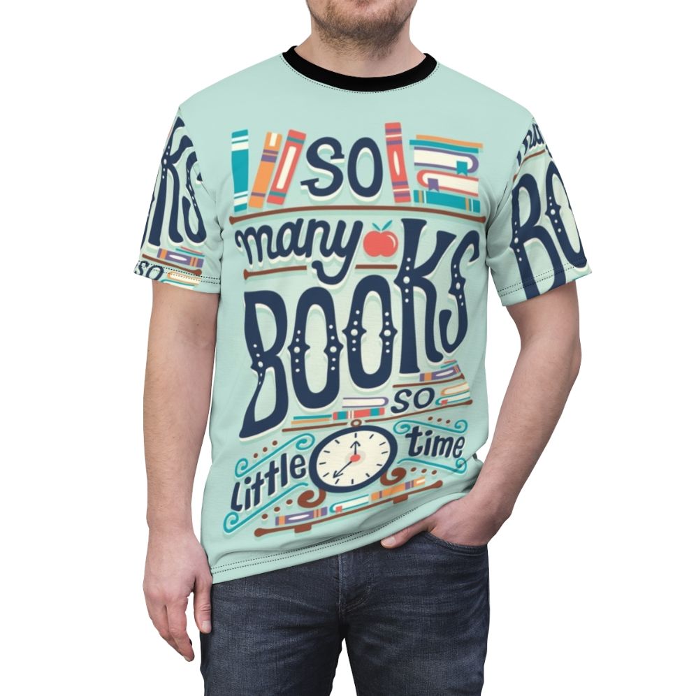 A T-shirt featuring the phrase "So Many Books, So Little Time" in a hand-lettered typography design, perfect for book lovers and bookworms. - men front