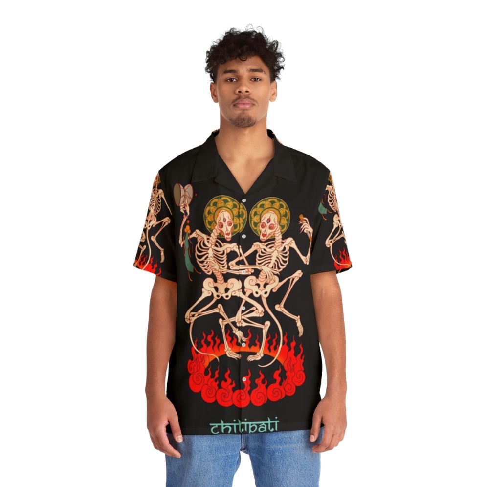 Chitipati Tibetan-Inspired Hawaiian Shirt with Skeleton Pattern and Fire Motif - People Front