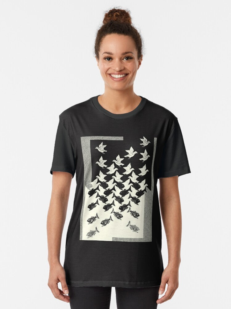 Vintage graphic t-shirt featuring M.C. Escher's "Sky and Water II" artwork with a dark background - Women