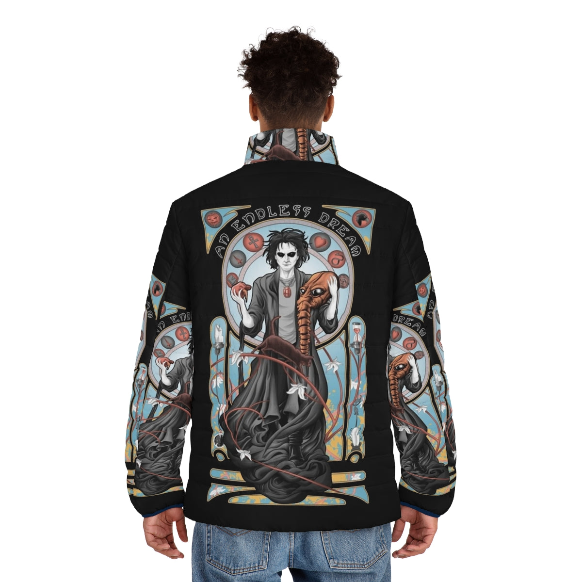 Interlude cosmic puffer jacket with surreal space and nature imagery - men back