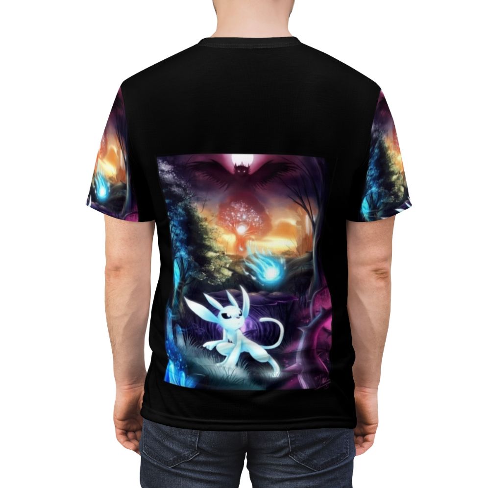 Platform adventure-inspired t-shirt design featuring Ori and the Will of the Wisps characters and imagery - men back