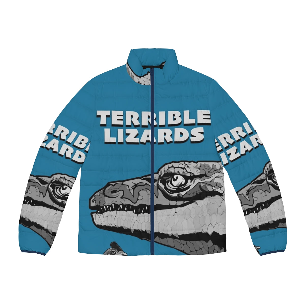 Puffer jacket featuring a megalosaurus dinosaur design