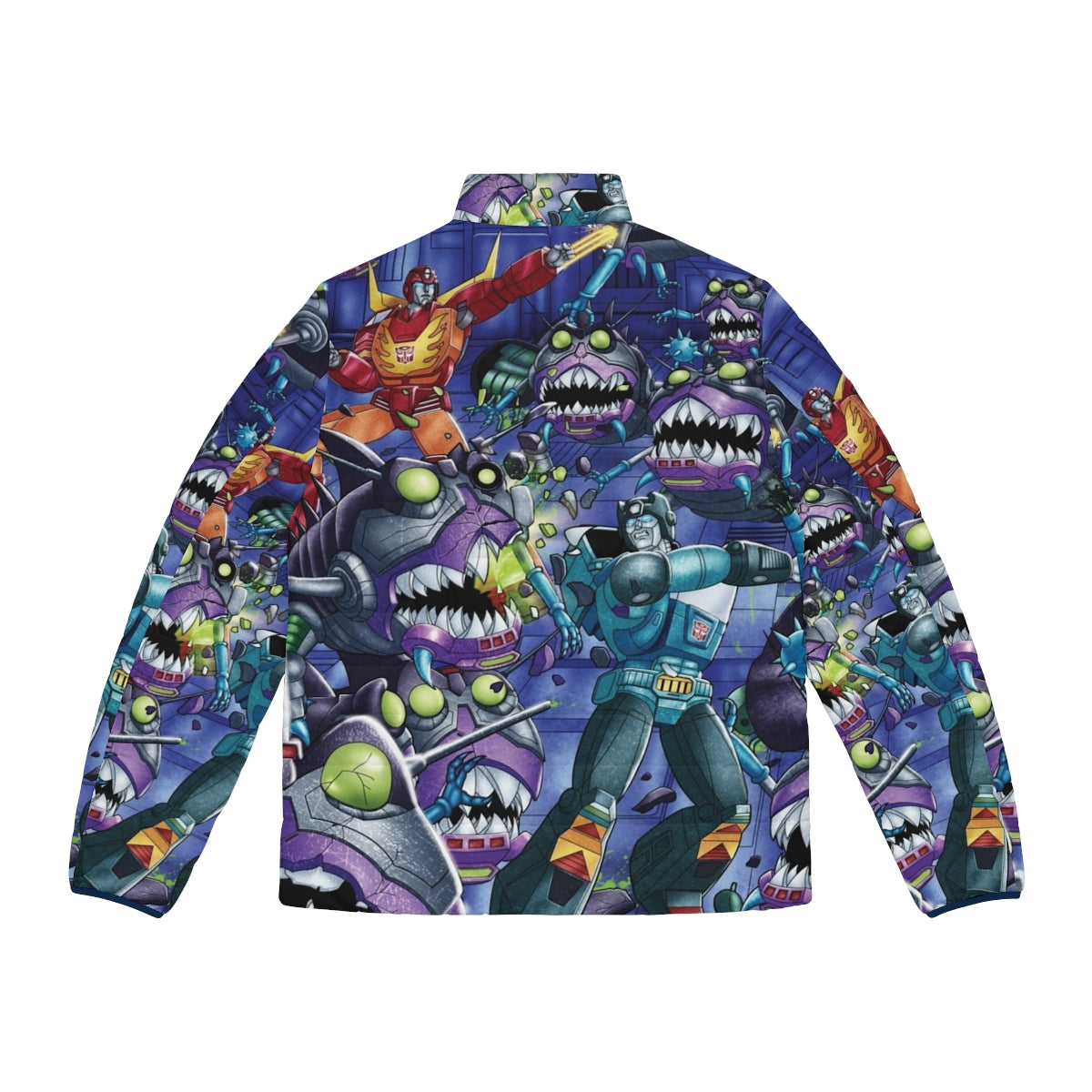 Demolition Derby Puffer Jacket featuring Transformers G1 inspired robot battle design - Back