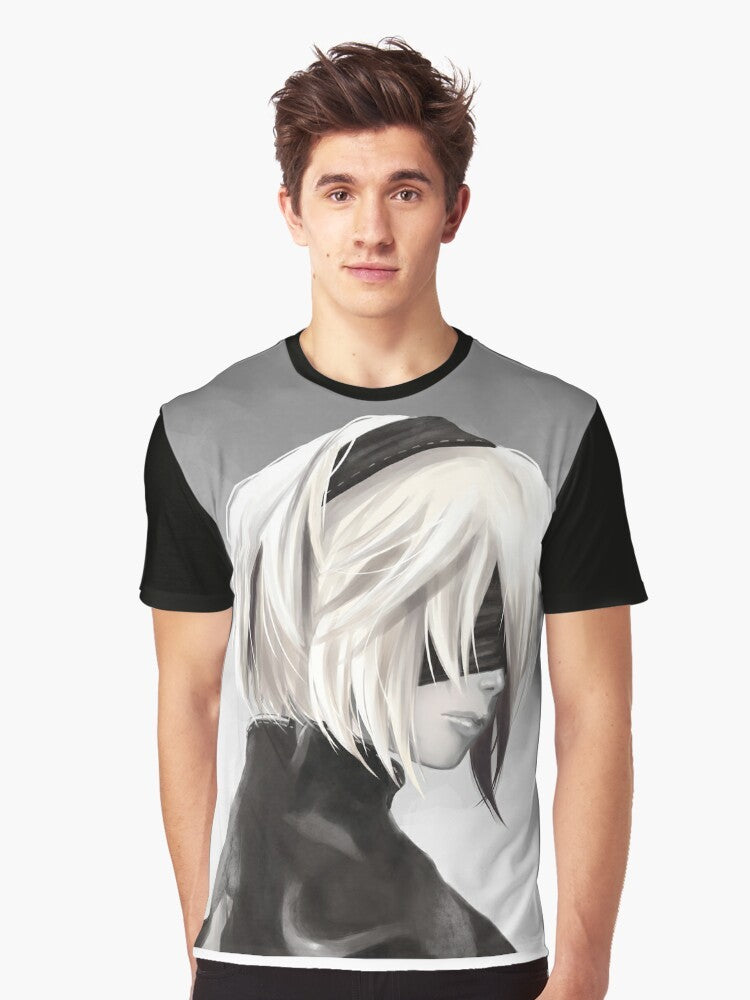 2B Graphic T-Shirt featuring a digital illustration of the character 2B from the video game Nier Automata - Men