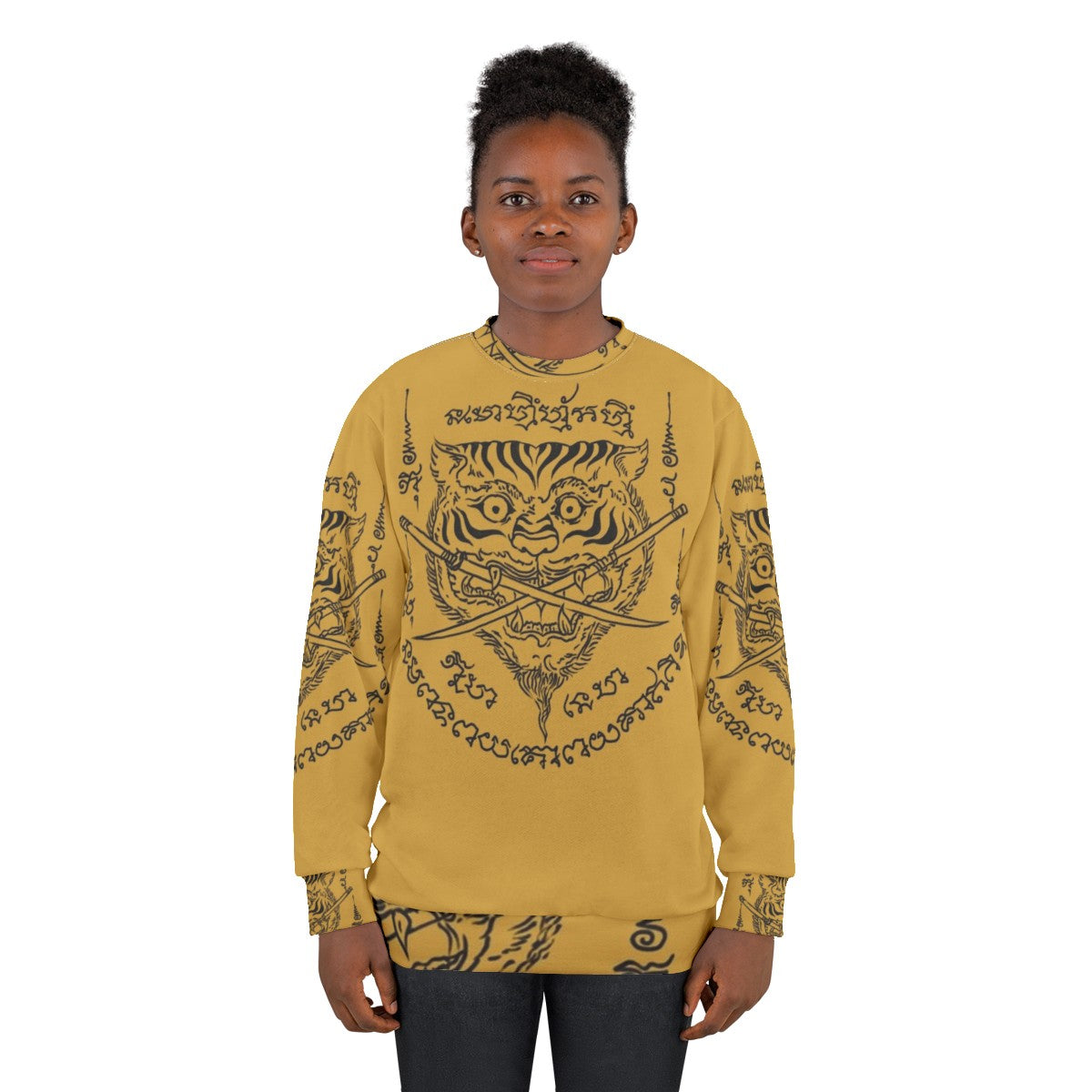 Traditional Thai Tattoo Tiger Swords Emblem Sweatshirt - women