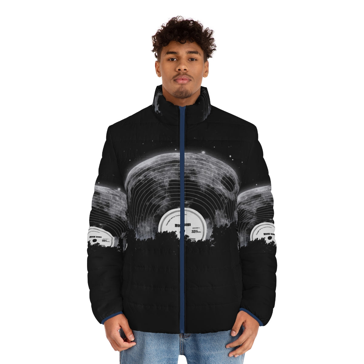 Moon Song Puffer Jacket with stars, crescent moon and retro cosmic graphics - men front