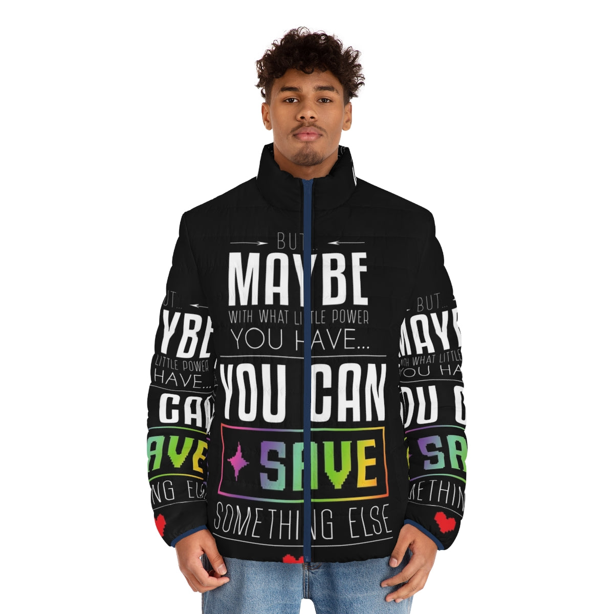 Undertale & Deltarune inspired puffer jacket with "Maybe You Can Save Something Else" quote - men front