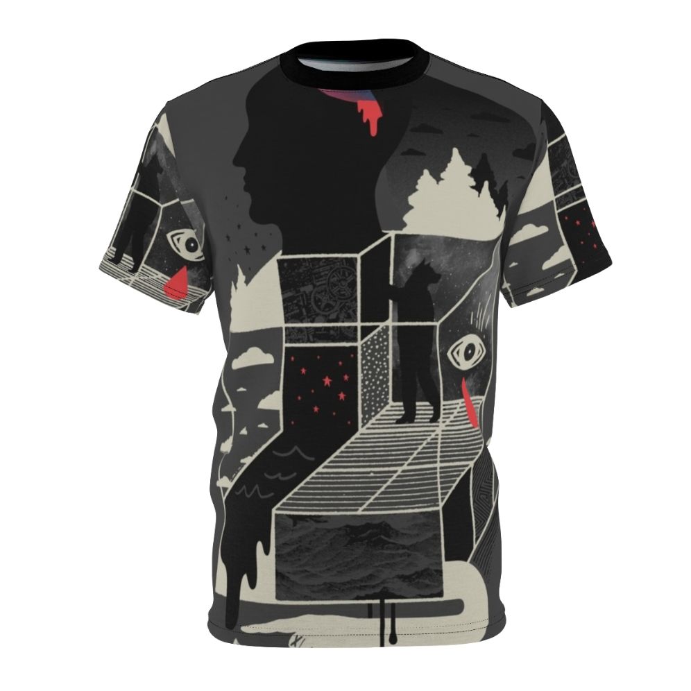 Surreal abstract t-shirt with eyes, clouds, geometric shapes, and stars