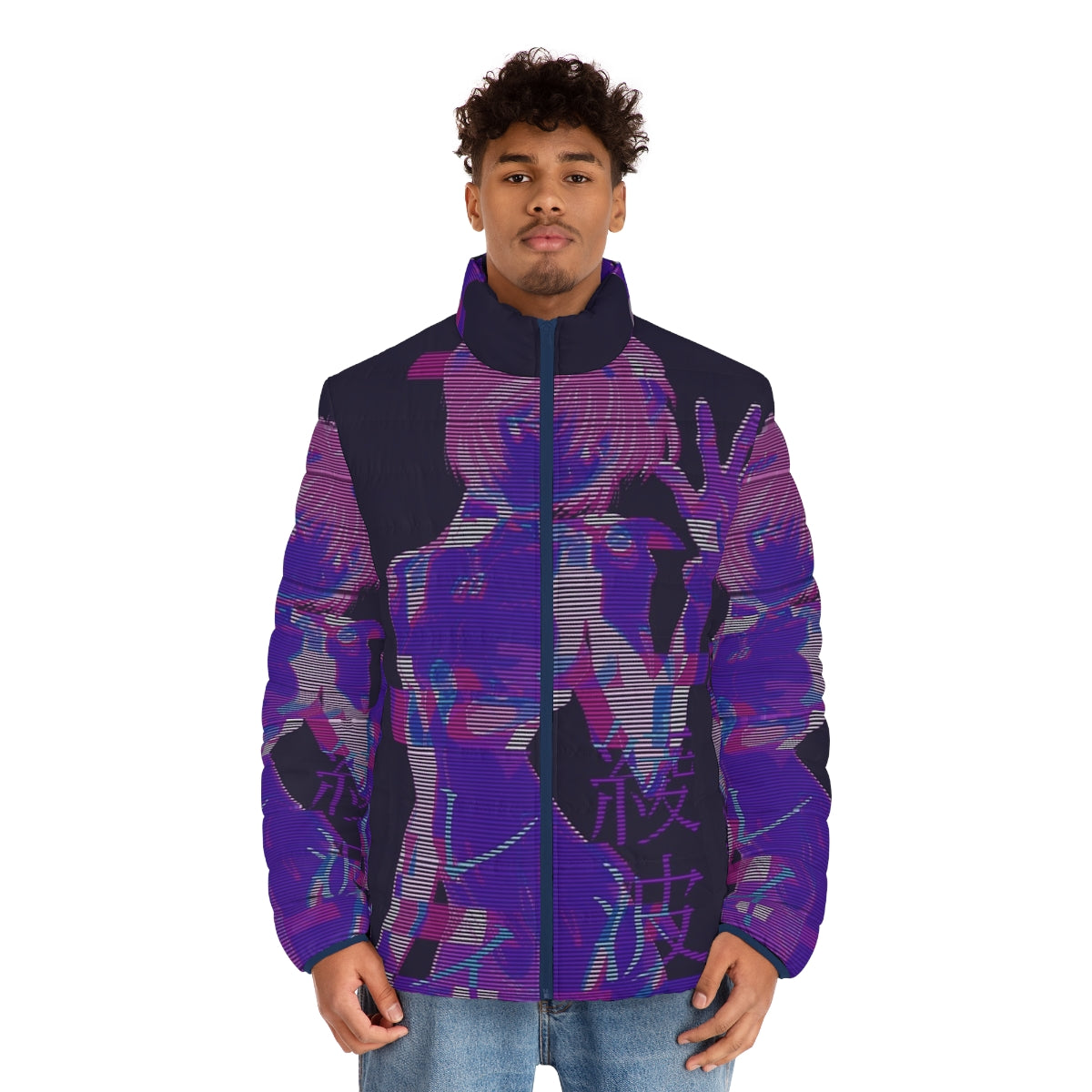 E V W V R E I 2 Puffer Jacket with anime and vaporwave inspired graphic design - men front