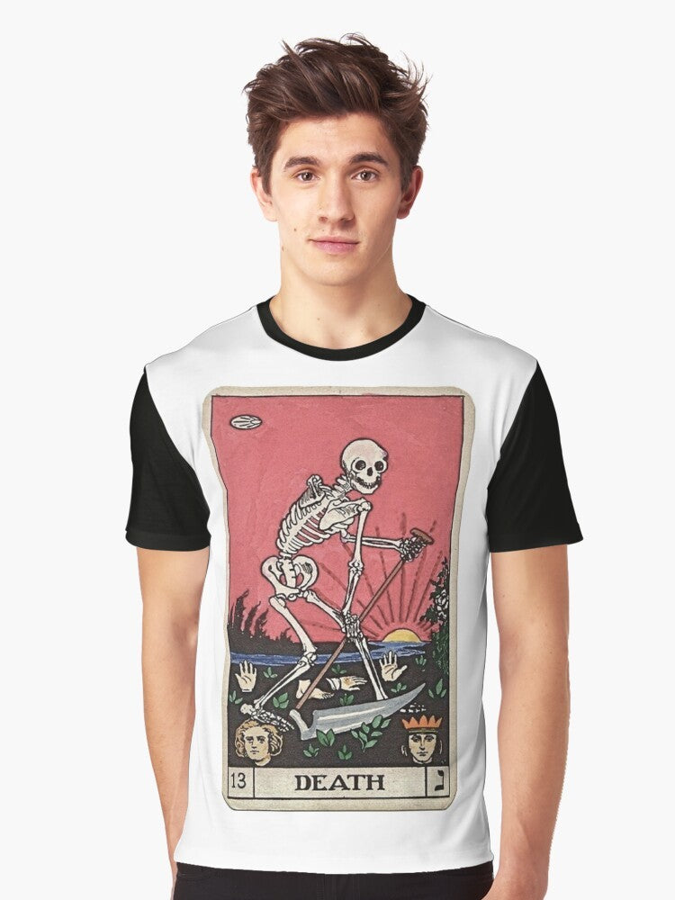 Vintage death tarot graphic t-shirt featuring a spooky skeleton and occult symbols. - Men