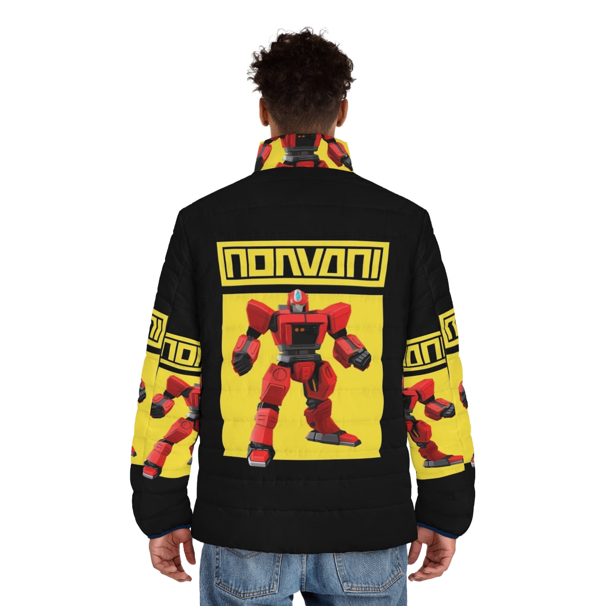 Robot Hero Puffer Jacket featuring a vibrant yellow design - men back