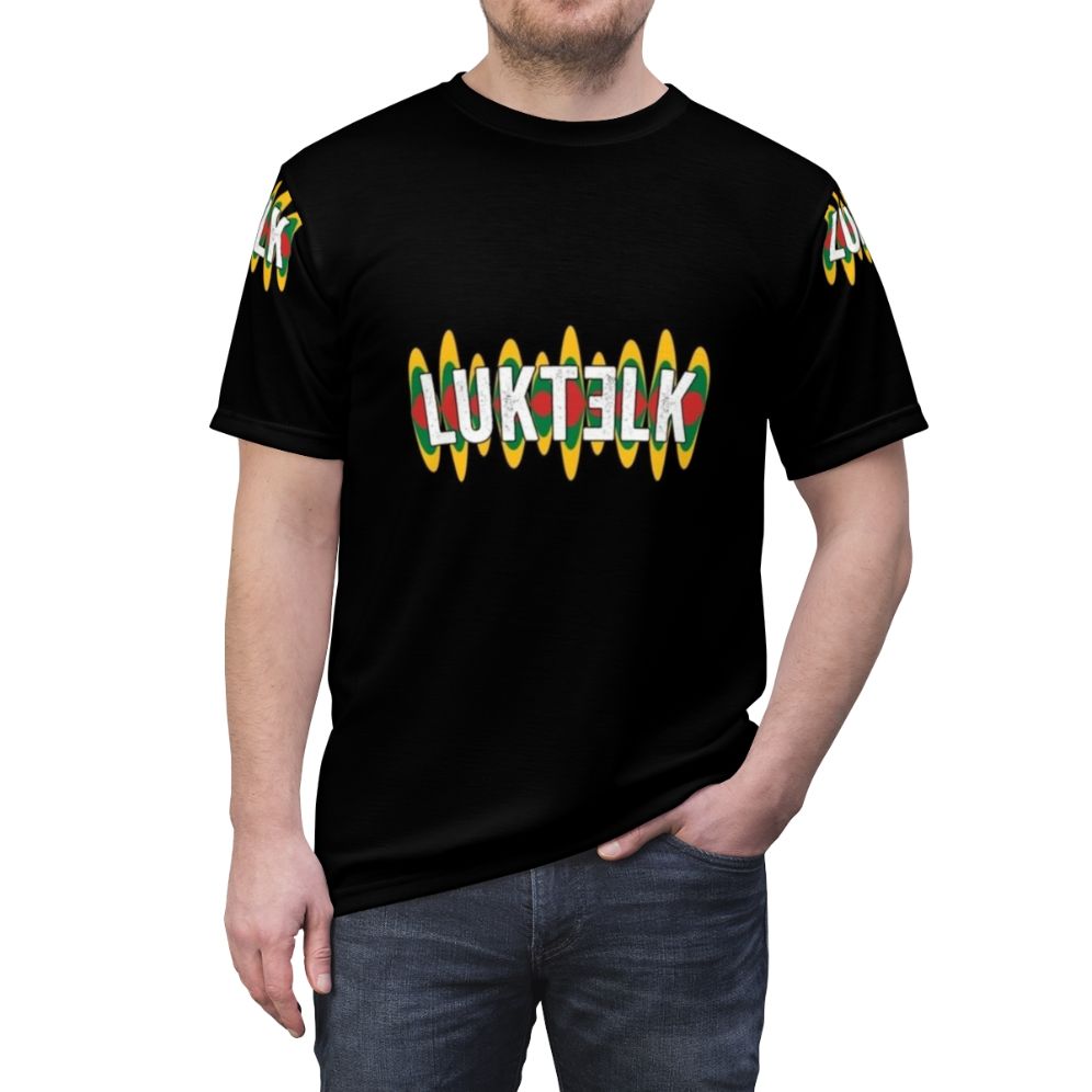 Silvester Belt Luktelk 2024 fan t-shirt with Lithuanian typography and Eurovision-inspired design - men front