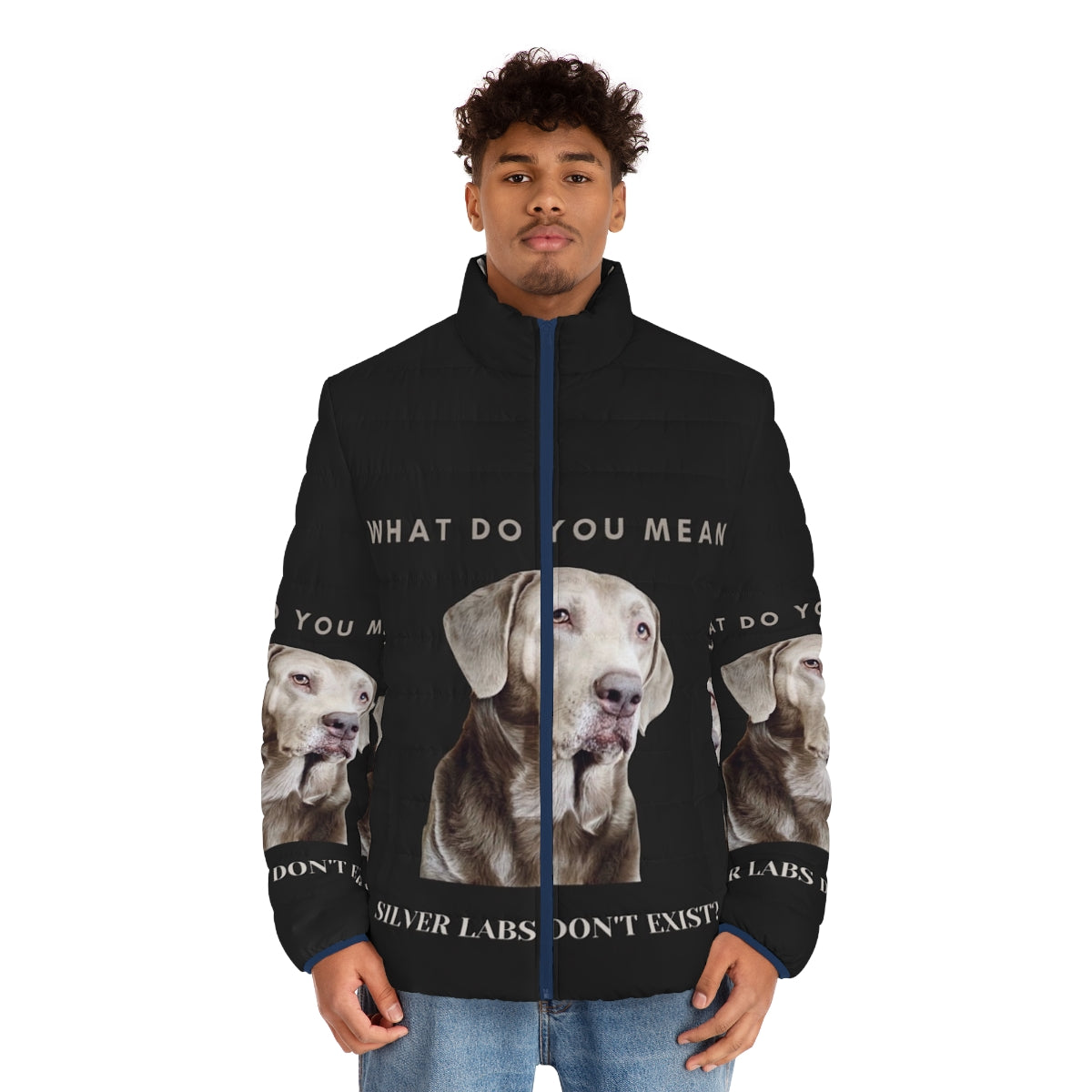 Silver Labrador Retriever wearing a warm puffer jacket - men front