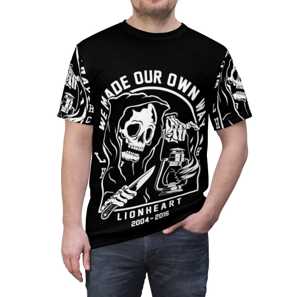 Heavy metal inspired t-shirt with skull, grim reaper, and metal band imagery - men front